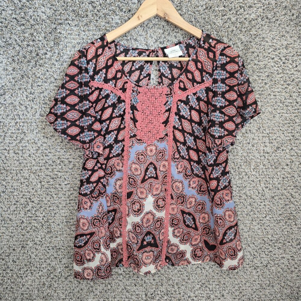 Knox Rose Top Womens Medium Black Pink Sheer Blouse Crochet Accent Casual Ladies